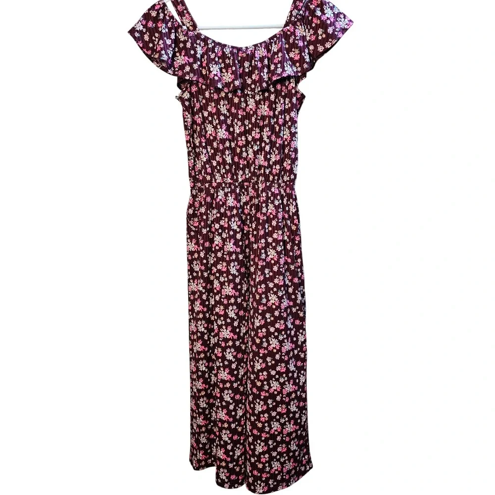 Justice Girls Floral Ribbed Jumpsuit Burgundy‎ Maroon Ruffle Wide Leg Size 12/14